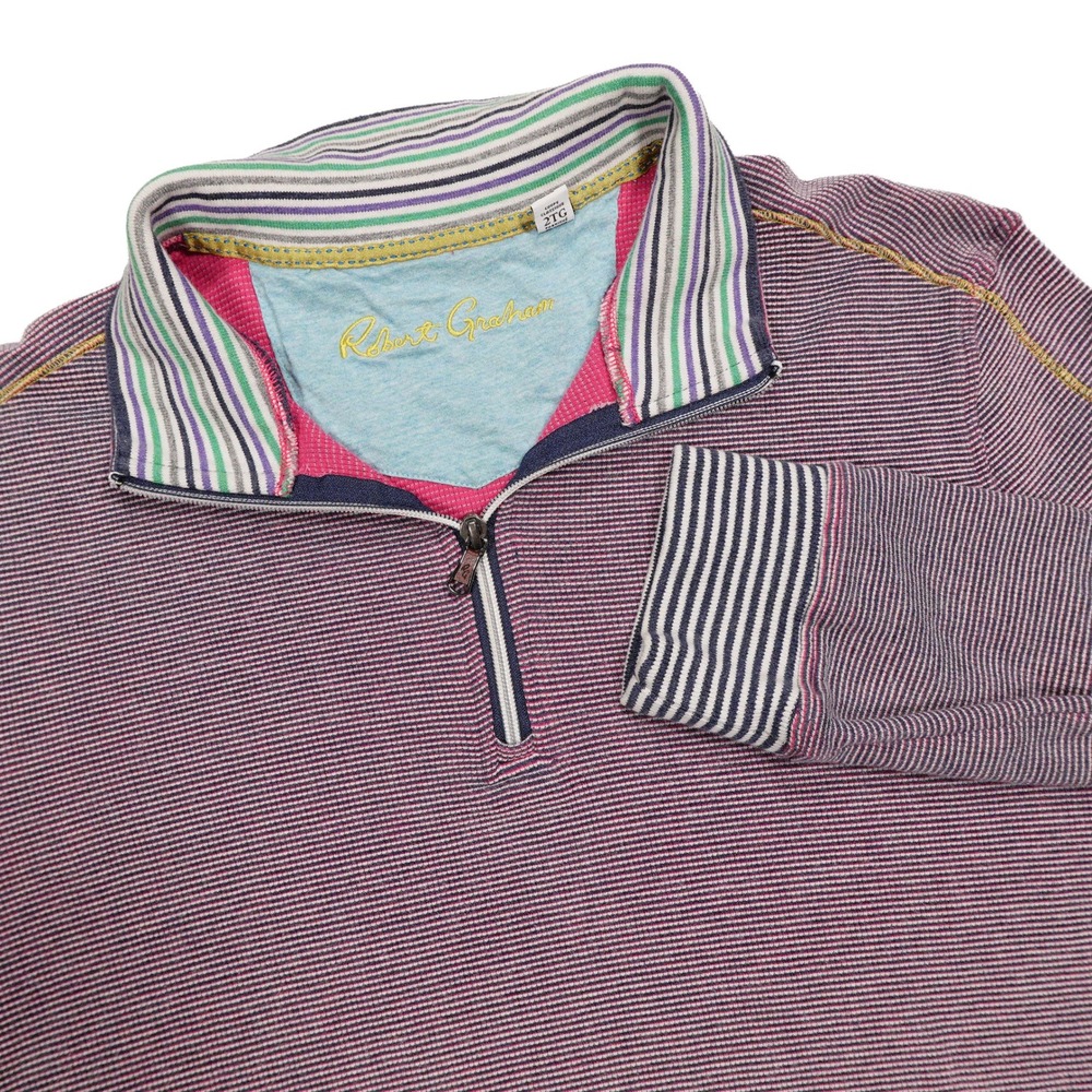ROBERT GRAHAM Men's 2XL Navy Pink Stripe Classic Fit 1/4 Zip Flip Cuff Pullover